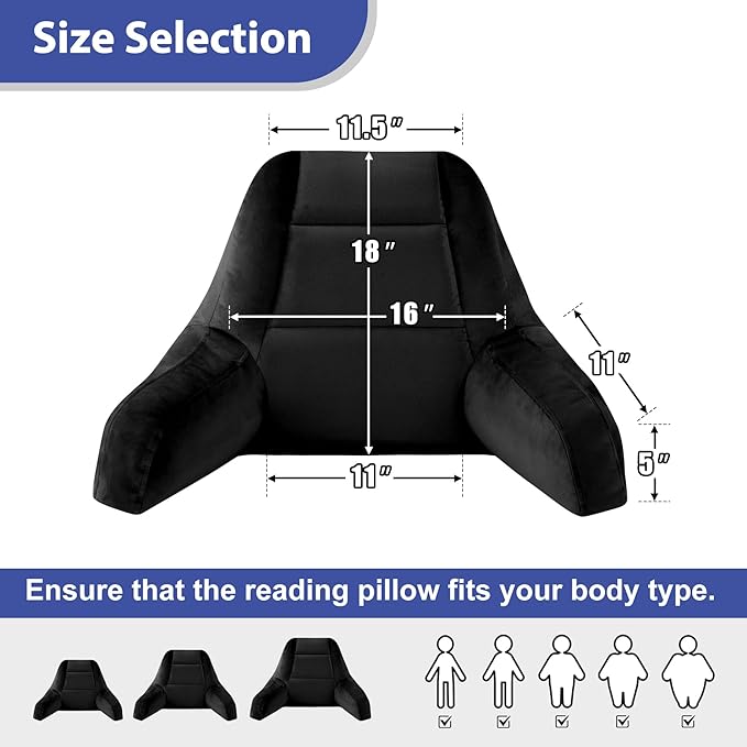 IASEAHK Reading Pillows for Sitting in Bed Adult, Back Pillow for Bed Sitting Up, Backrest Pillows with Shredded Foam for Adult&Teens, Support Pillow with Arms for Beds, Couch, Floor, 18in, Black