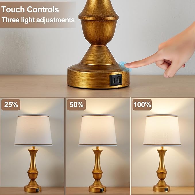 Luvkczc Gold Touch Table Lamps Set of 2, 22" Bedside Lamps with USB C+A Ports,Dimmable Nightstand Lamps with White Lampshade,Table Lamps for Bedroom Living Room Bedroom Office, Bulbs Included
