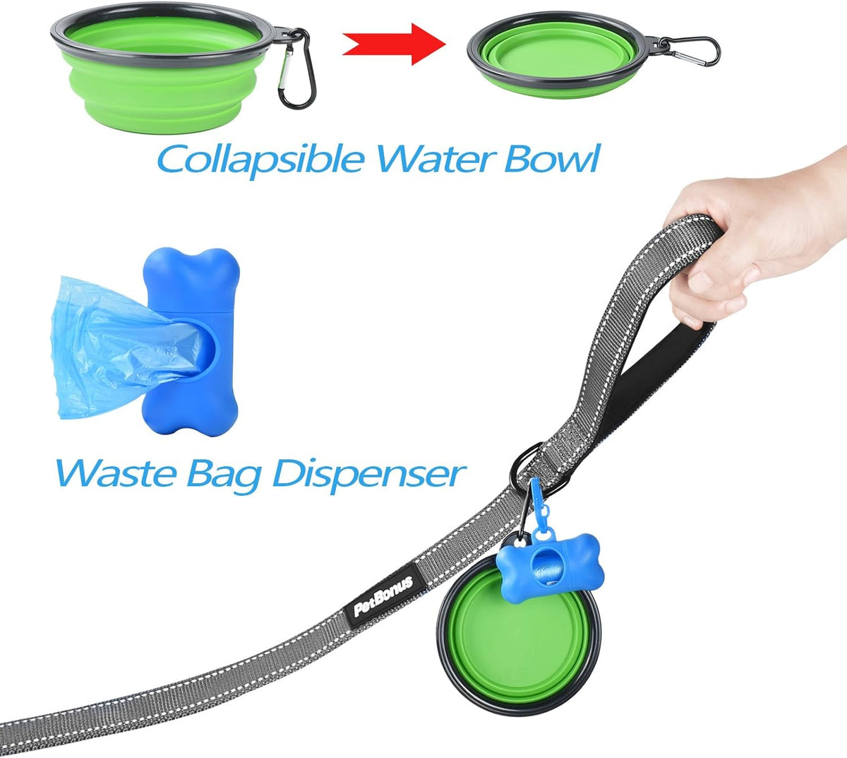 PetBonus Double Dog Leash, No Tangle Dual Leash, Reflective Walking Training Lead, 4 Comfortable Padded Handles for 2 Dogs with Collapsible Bowl and Waste Bags (Grey, Large)