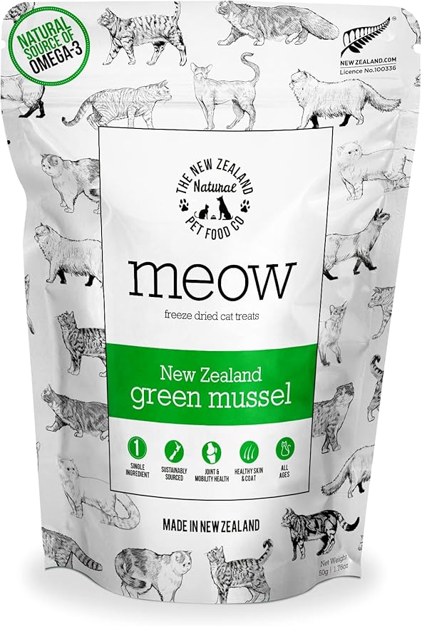 The New Zealand Natural Pet Food Co Meow Freeze Dried Cat Treats - New Zealand Green Mussel, High Protein, Healthy Cat Snacks and Toppers, All Natural for All Life Stages, 1.76 oz