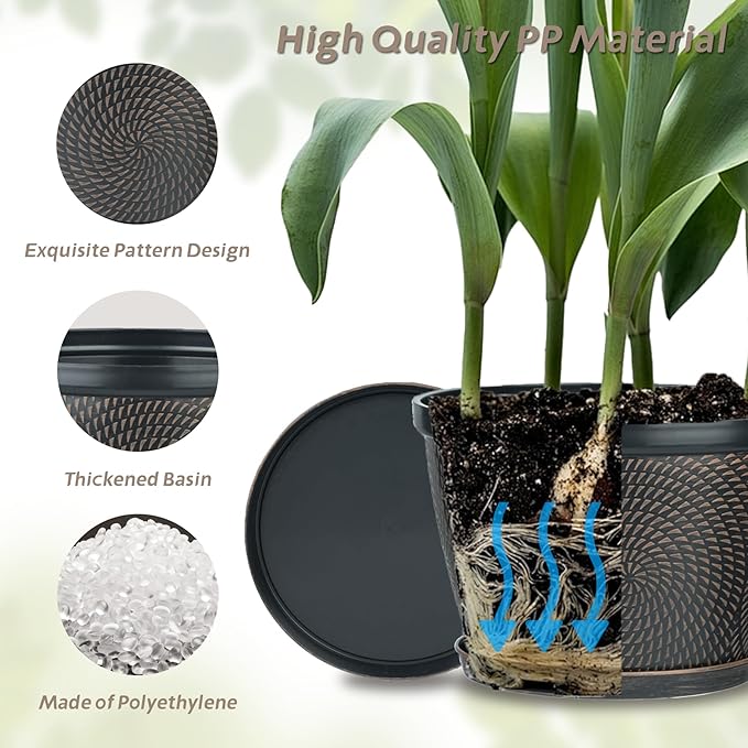 Quarut 4 Pack 8 Inch Flower Pots Planters for Outdoor Indoor | Plastic Plant Pots with Drainage Hole & Tray, Modern Decorative Garden Pot with Saucer, planters for House