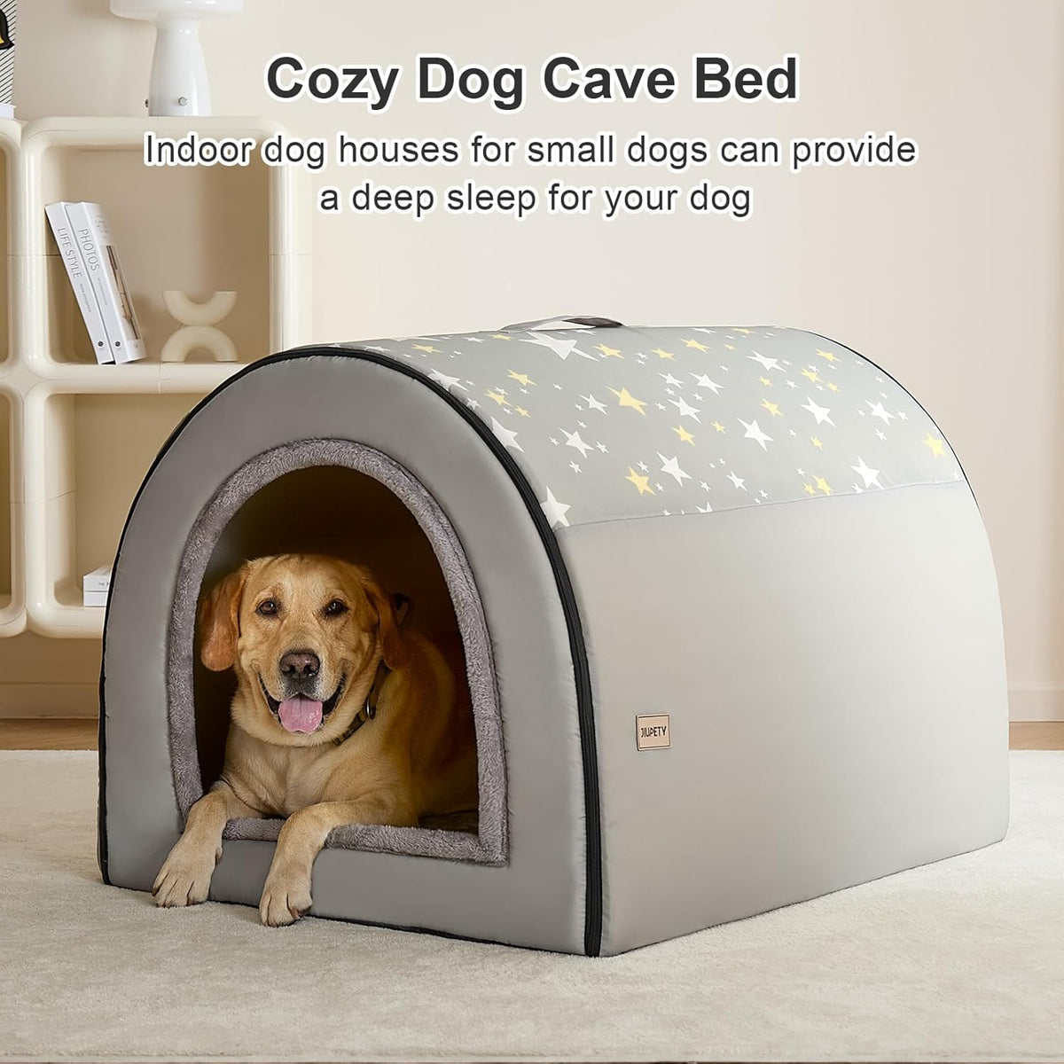 Jiupety 2 in 1 Dog House Indoor, Comfy Cave Bed Covered Dog Bed, Portable House for Large Dogs, 3XL(39"×32"×28"), Up to 90 Lb, Grey