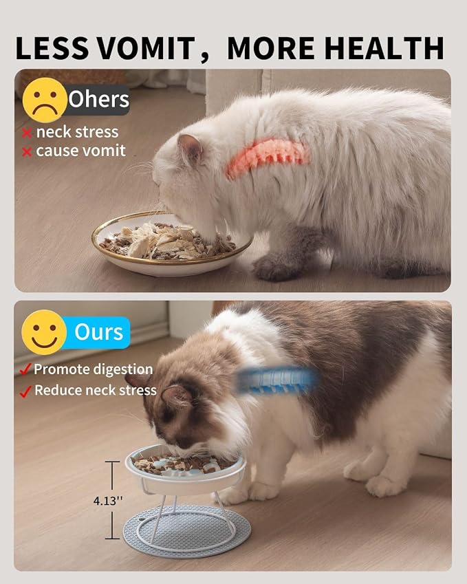 Ceramic Elevated Slow Feeder Cat Bowl, Anti Vomit, Removable Dish, White | Removable Ceramic Bowl Elevated Anti Vomit Whisker-Friendly Wet & Dry Food White Glazed Finish