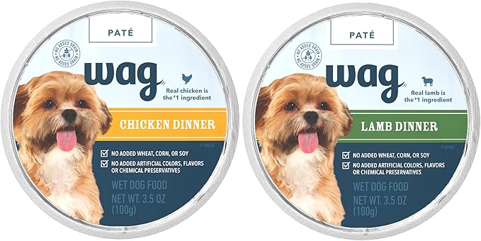 Amazon Brand – Wag Wet Dog Food Cups, Chicken & Lamb Pate Variety Pack, 3.5 Oz, Pack of 24