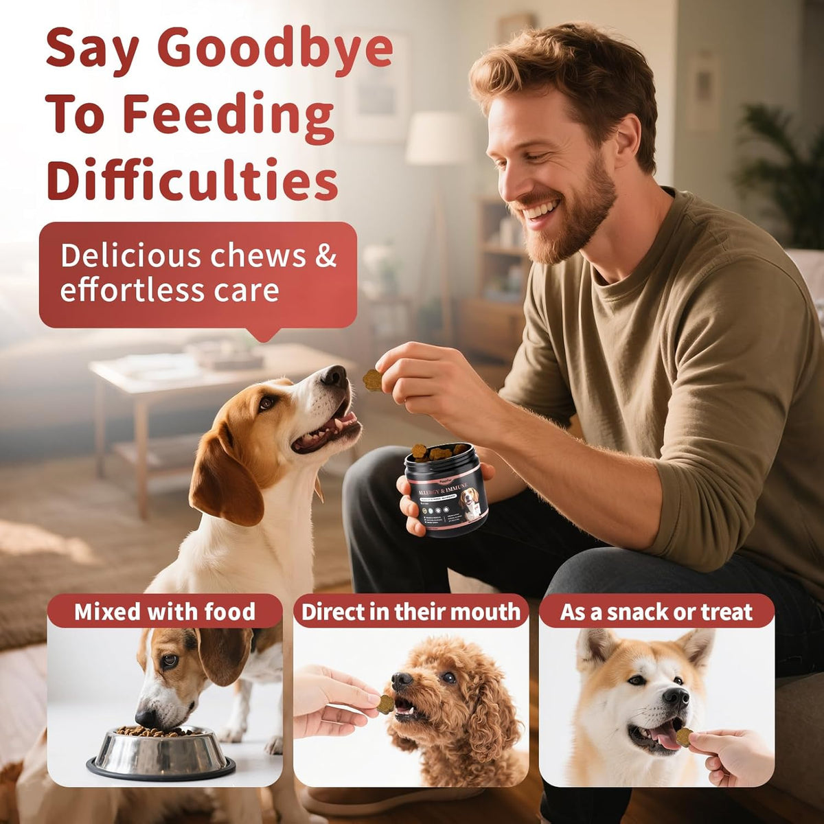 Dog Allergy Chews, Probiotics for Dog Allergy Relief - Itchy Skin and Itchy Ears - Allergy Paw Relief - Seasonal Allergies & Immune Gut Health & Joint, Energy Support, Bacon Flavor - 90 Count