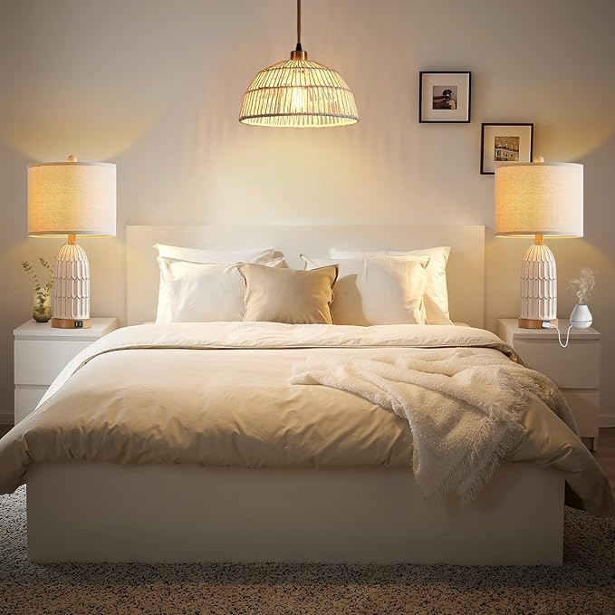 Boho Table Lamps Set of 2, Farmhouse 3-Way Dimmable Touch Nightstand Lamp with 2 USB Charging Ports, White Vintage Bedside Lamp for Bedroom Living Room End Table (Bulbs Included)