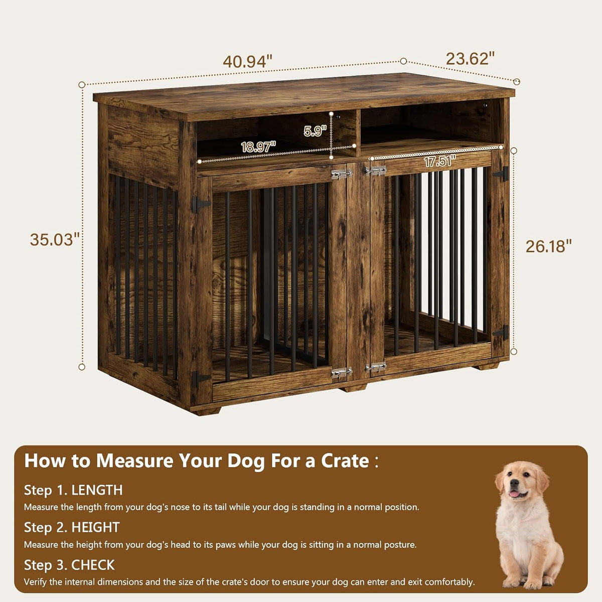 Furniture Dog Crate for 2 Dogs, 41 Inch Dog Kennel Furniture with Removable Divider and Shelf Storage, Wooden Dog Crate for Small/Medium Dogs, Rustic Brown