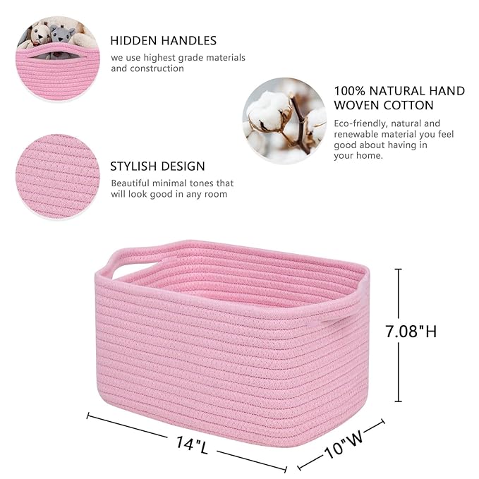 CubesLand Cube Storage Organizer Basket Bin, Cube Shelf Shelves Cotton Rope Basket, Durable Woven Rectangular Basket for Organizing, Nursery Toys Basket, 14x10x7.08IN Pink Basket