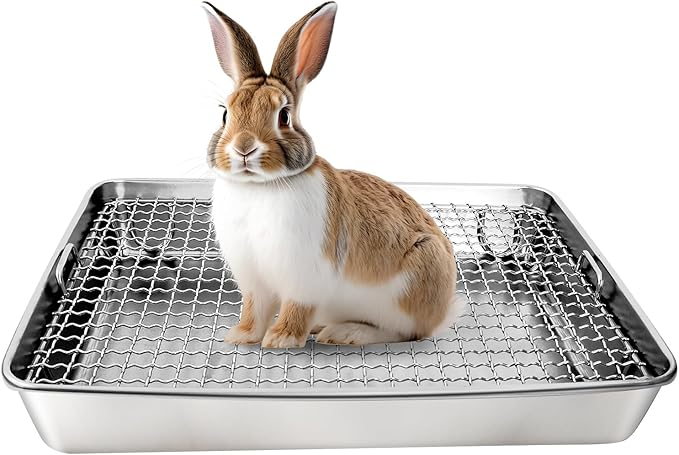 Rabbit Litter Box Stainless Steel Bunny Litter Box Small Animal Toilet Pan Metal Grid for Ferret Galesaur Chinchilla Bunny