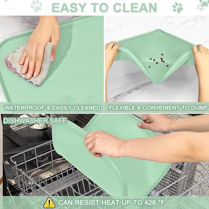 SMILOOL Waterproof Silicone Pet Food Mat with Raised Edge for Dog & Cat | 19" x 12" Non-Slip Pet Feeding Mats with Lip for Food & Water Bowl, Food Grade, Easy Cleaning, Mint Green