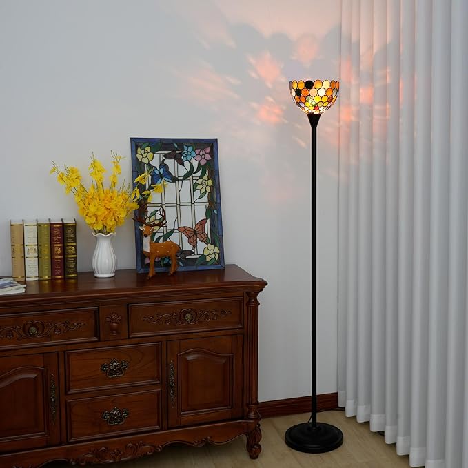 Tiffany Floor Lamp Tochiere Standing Multicolored Stained Glass Floor Light Vintage Tall Pole Uplight Lamp Rustic Corner Lamp with Foot Switch for Home Decor Living Room Bedroom