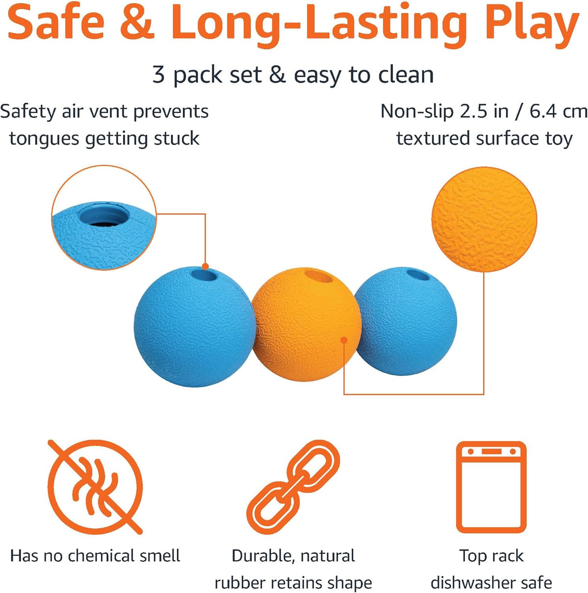 Amazon Basics Dog Toys, Interactive Supreme Rubber Balls, (Pack of 3), 2.5 inch, Blue, Orange
