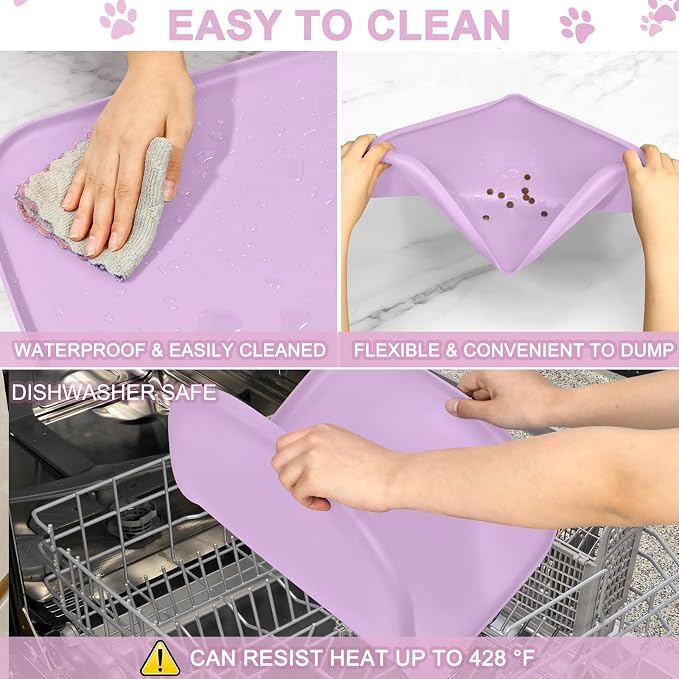 SMILOOL Waterproof Silicone Pet Food Mat with Raised Edge for Dog & Cat | 22" x 14" Non-Slip Pet Feeding Mats with Lip for Food & Water Bowl, Food Grade, Easy Cleaning, Lavender