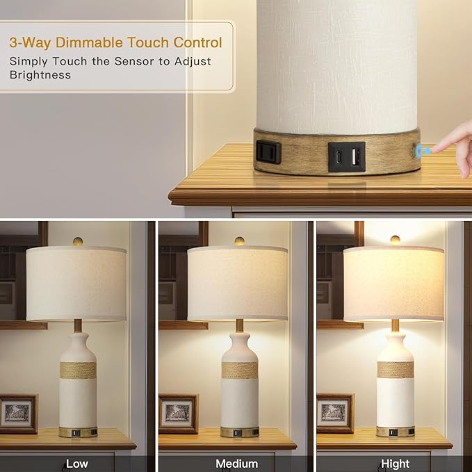 Boho Rattan Table Lamps for Bedroom Nightstand 26" Farmhouse Bedside lamp Set of 2 with USB C+A Ports & AC Outlet,3-Way Dimmable Touch Control Vintage Lamps for Living Room(Include Bulbs)
