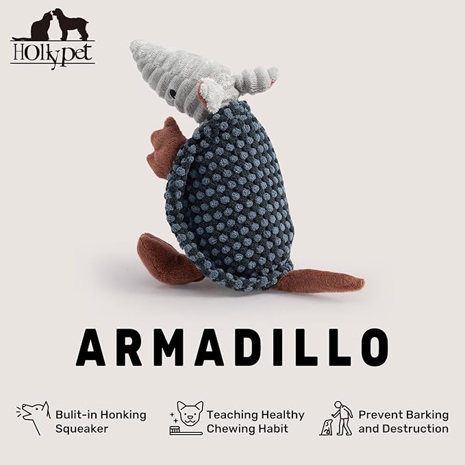 Hollypet Plush Dog Squeaky Toy Stuffed Armadillo Animal Pet Puppy Chew Toys with Clean Teeth for Small Medium Large All Breed Sizes Dogs, Dark Gray and Light Gray,8 in