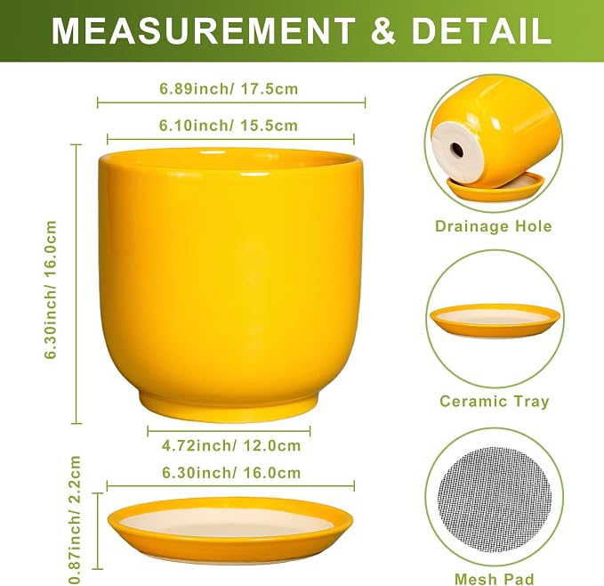 Indoor Plant Pot - 7 Inch Modern Round Ceramic Planter for Indoor Outdoor Plants with Drainage Hole and Saucer, Home Garden Office House Decor, Yellow