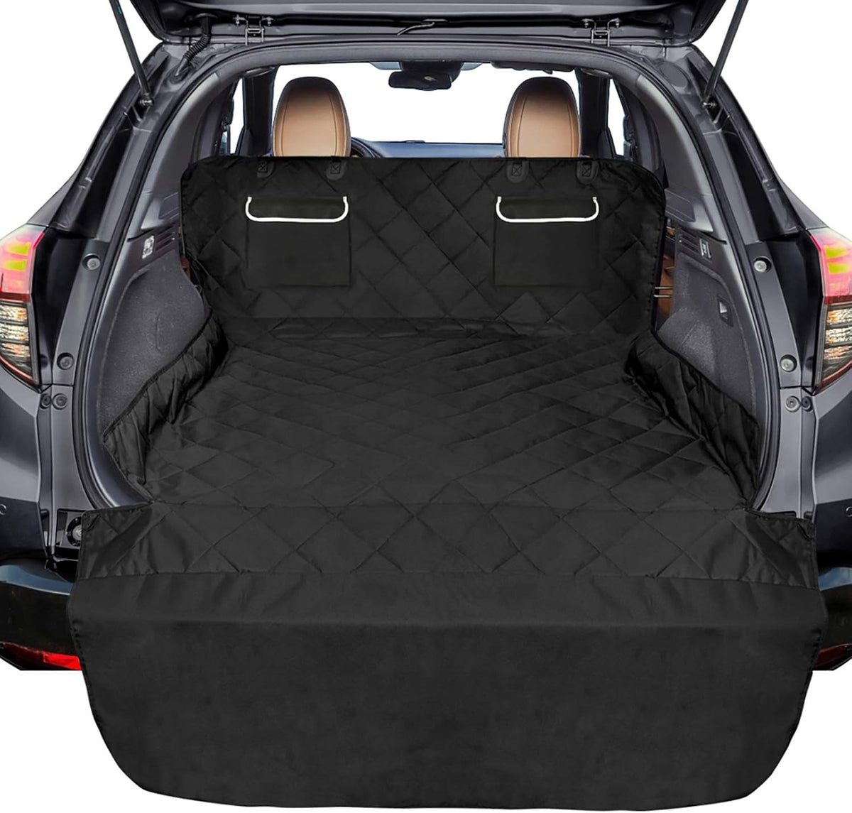 F-color SUV Cargo Liner for Dogs, Waterproof Pet Cargo Cover Dog Seat Cover Mat for SUVs Sedans Vans with 2 Large Pockets, Non-Slip, Large Size Universal Fit, Black
