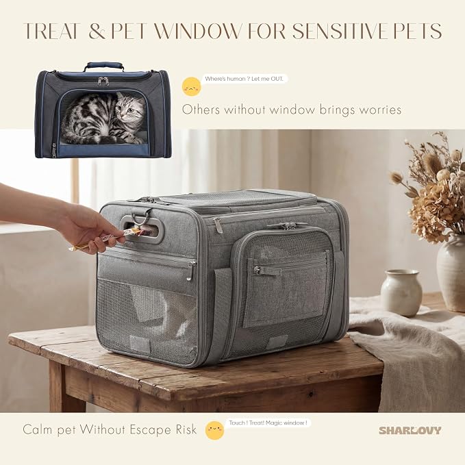 Top-Side Expandable Pet Carrier, Treat Window,18x13x9.5 Airline Approved | for Southwest Frontier,Soft-Sided Cat Carrier, Anti-Scratch Mesh, Lockable Zippers,Dog Carrier for Kitten,Rabbit,Puppy, Grey