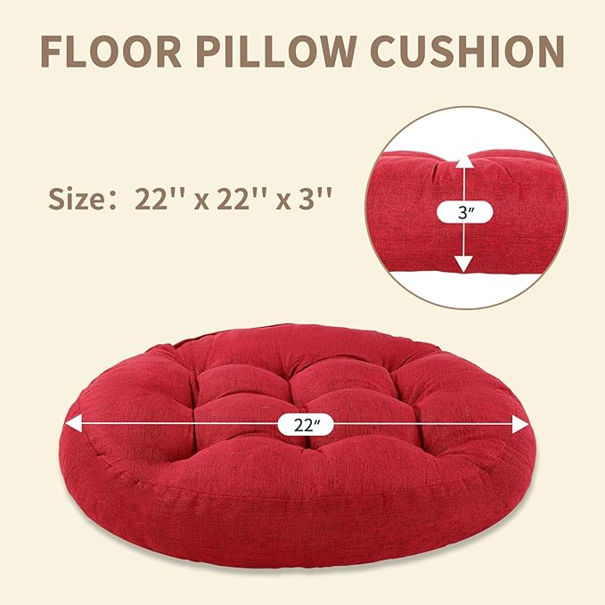 Meditation Floor Pillow, Round Floor Cushions for Adults, Button Tufted Seat Cushions for Yoga Tatami Living Room, Wine Red, 22 x 22 x 4 in