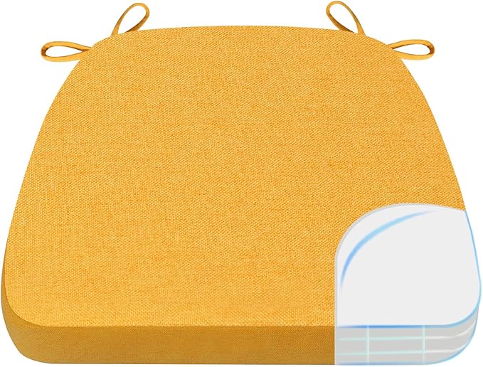 AAAAAcessories D-Shaped Chair Cushions, 2" Thick Dining Chair Pads with Ties and Removable, Machine-Washable Cover, 17" x 16", Golden Yellow