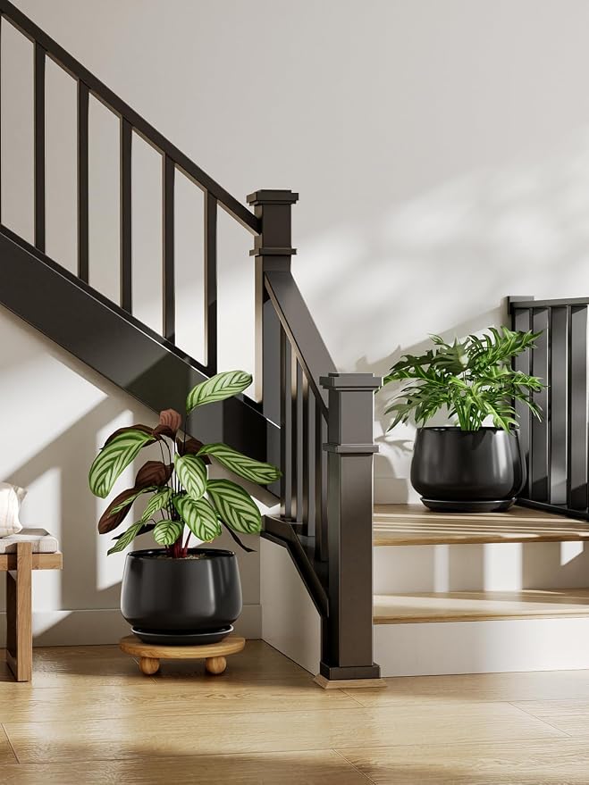 LE TAUCI Ceramic Planters, 12 Inch Pots for Plants, Indoor Plant Pots with Drainage Holes and Saucers, Modern Planters Fit Mid Century Plant Stand, Flower Pots for Indoor Plants, Black