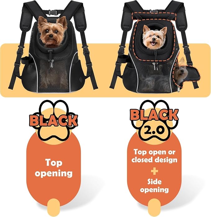 WOYYHO Pet Dog Carrier Backpack with Windows, Ventilated Small Dog Backpack | Breathable Top & Side Windows, Safety Belt, Storage Pockets, Small Dog Front Backpack, for Travel Hiking Outdoor, Black2.0, M