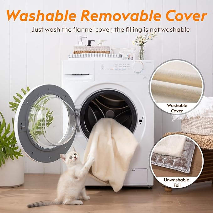 Self Warming Cat Bed, Heating Cat Pad, Extra Soft Flannel Surface, Removable ＆ Washable, Thick Thermal Mat with Non-Slip Bottom (Ivory, 24" X 18")