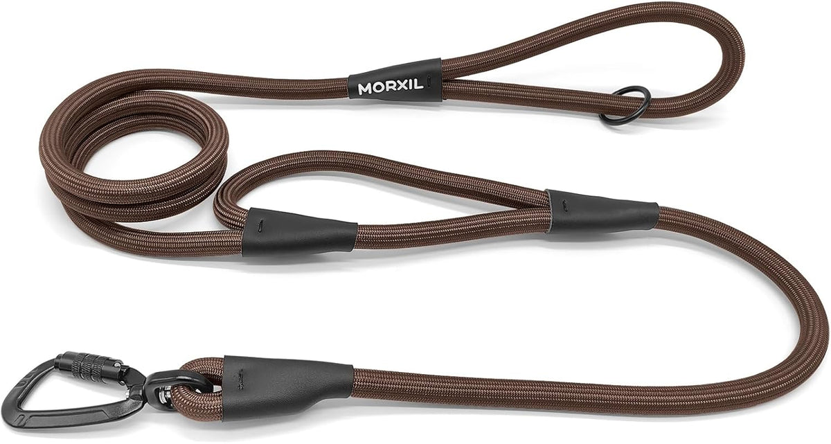 Rope Dog Leash with Two Handles, 6 Foot Heavy Duty Dog Leash with Aviation Aluminum Auto Locking Carabiner, Strong Nylon Pet Lead for Small, Medium, Large Dogs (Brown, 6FT-Two Handle)