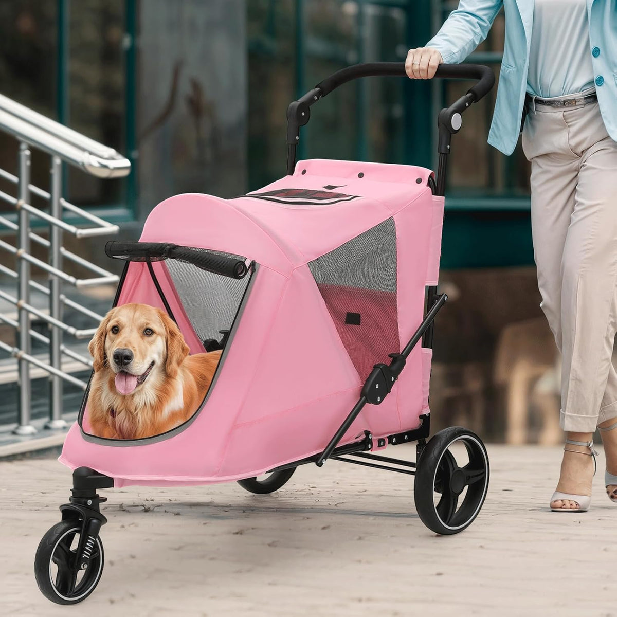 Magshion Pet Stroller for Medium Dogs w/Adjustable Handle, 3-Wheel Dog Cat Wagon w/Dual Entry, Rear Storage, Breathable Mesh, One-Foot Brake, Ideal for Large Pets up to 55 lbs, Pink
