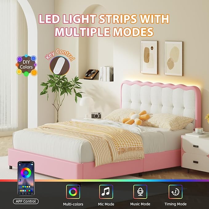 BarnFurin Full Size Bed Frame with LED Lights, Full Bed Frame with Headboard LED Lights, Upholstered Platform Bed with Cloud Headboard, No Box Spring Required, Easy Assembly, Pink
