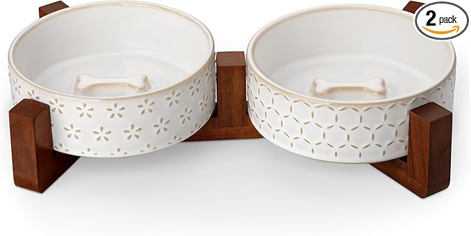 MALACASA Dog Bowl Set, Ceramic Bowls with Walnut Wood Stand, 1.5 Cups | Five-Leaf Grass and Honeycomb Design, Non-Slip Base, for Cats and Dogs, About 26% Heavier than Similar Ceramic Bowls