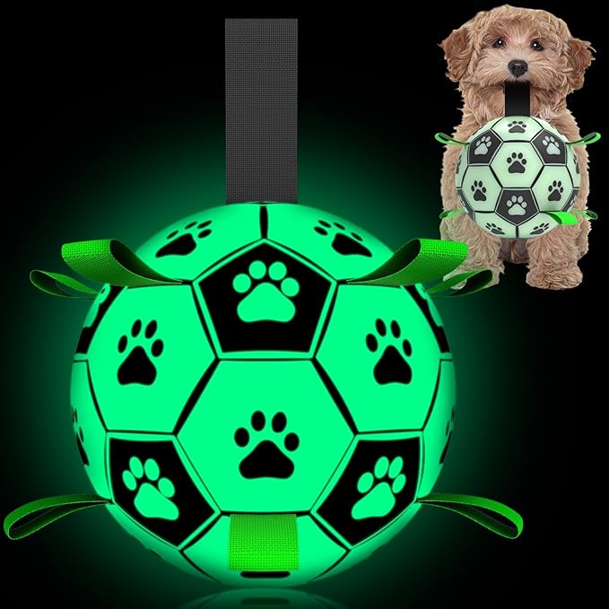 QDAN Premium Dog Ball, Glow in The Dark Dog Toys, Light Up Soccer Ball for Dogs, Outdoor Dog Toys, Doggy Water Toy, Puppy Birthday Gifts for Small Medium (6 Inch)