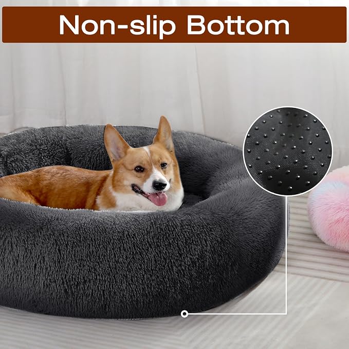 JOLLYVOGUE Dog & Cat Bed, Calming Anti-Anxiety Pet Bed for Small Dogs, Fluffy Donut Cushion for Small and Medium Pets (23")