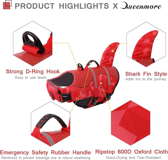 Shark Dog Life Jacket, LifeVests for Boating, High Buoyant Dog Life Vest for Swimming, Adjustable Easy On Pet Jackets for Small, Medium, Large Dogs (Red Triangle,M)