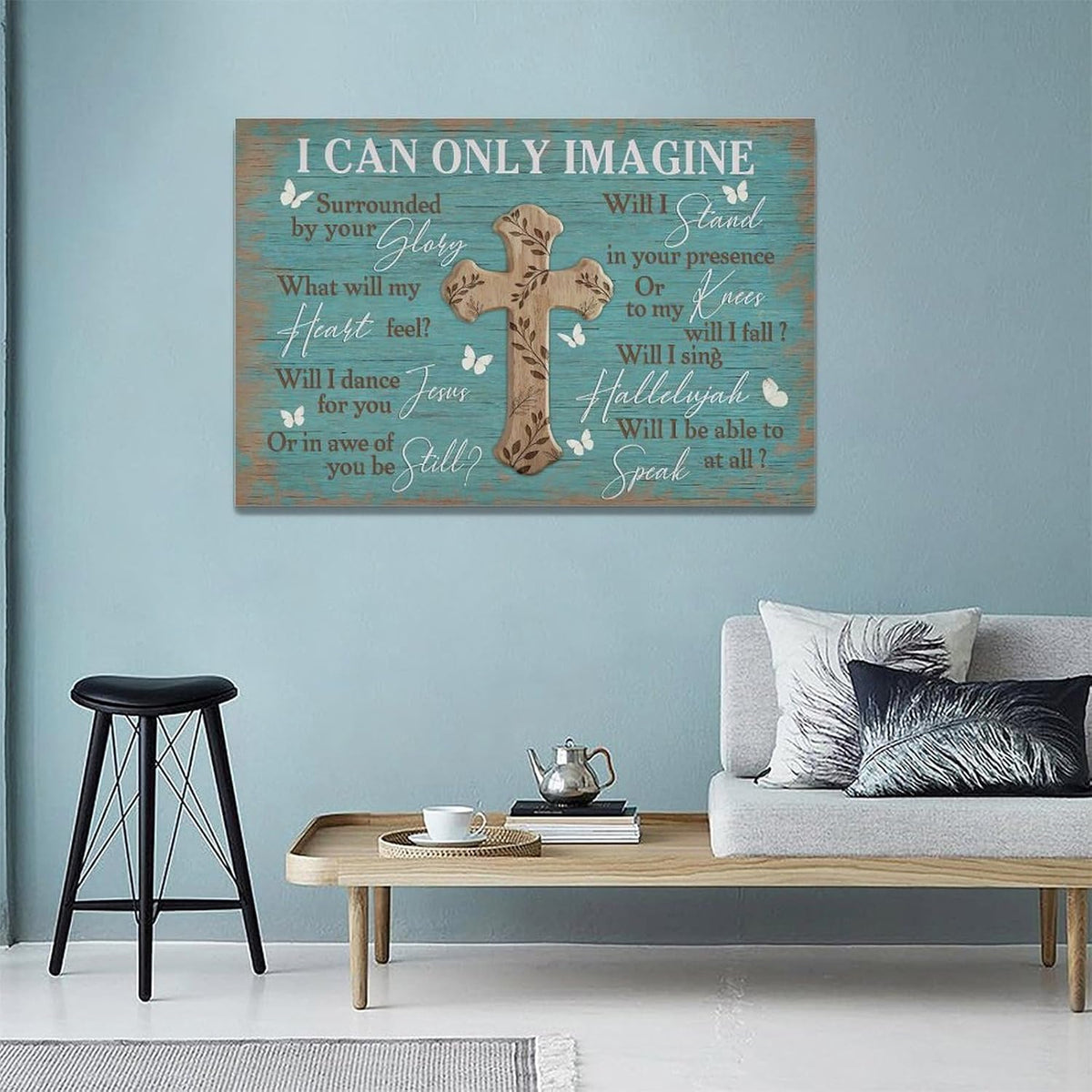 Rustic Christian Cross Wall Art I Can Only Imagine Pictures Farmhouse Butterfly Wall Decor Teal Motivational Canvas Print Painting Artwork for Bathroom Living Room Bedroom 16"x24"