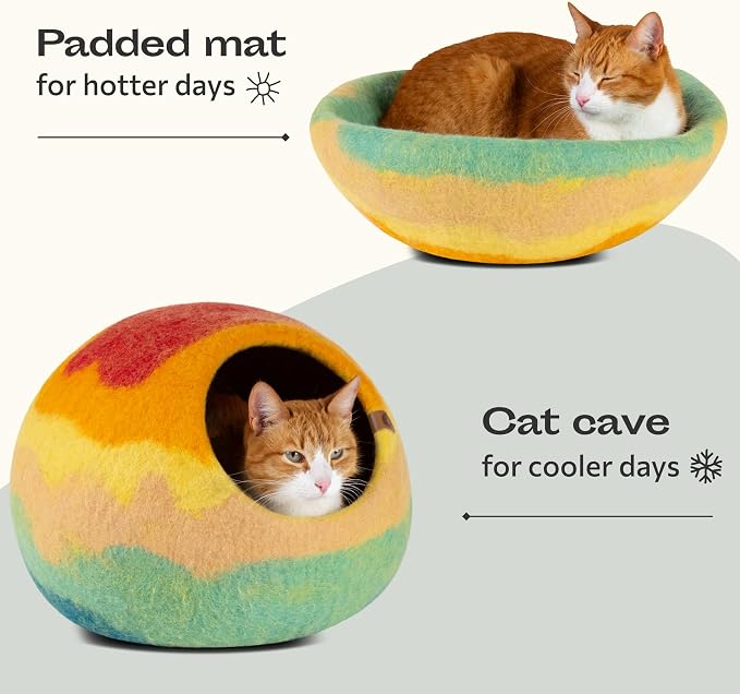Cat Cave – Premium Felt Cat Bed for Indoor Cats, Handmade 100% Merino Wool, Cat (Medium, Tucson Sunset) (Pack of 2)