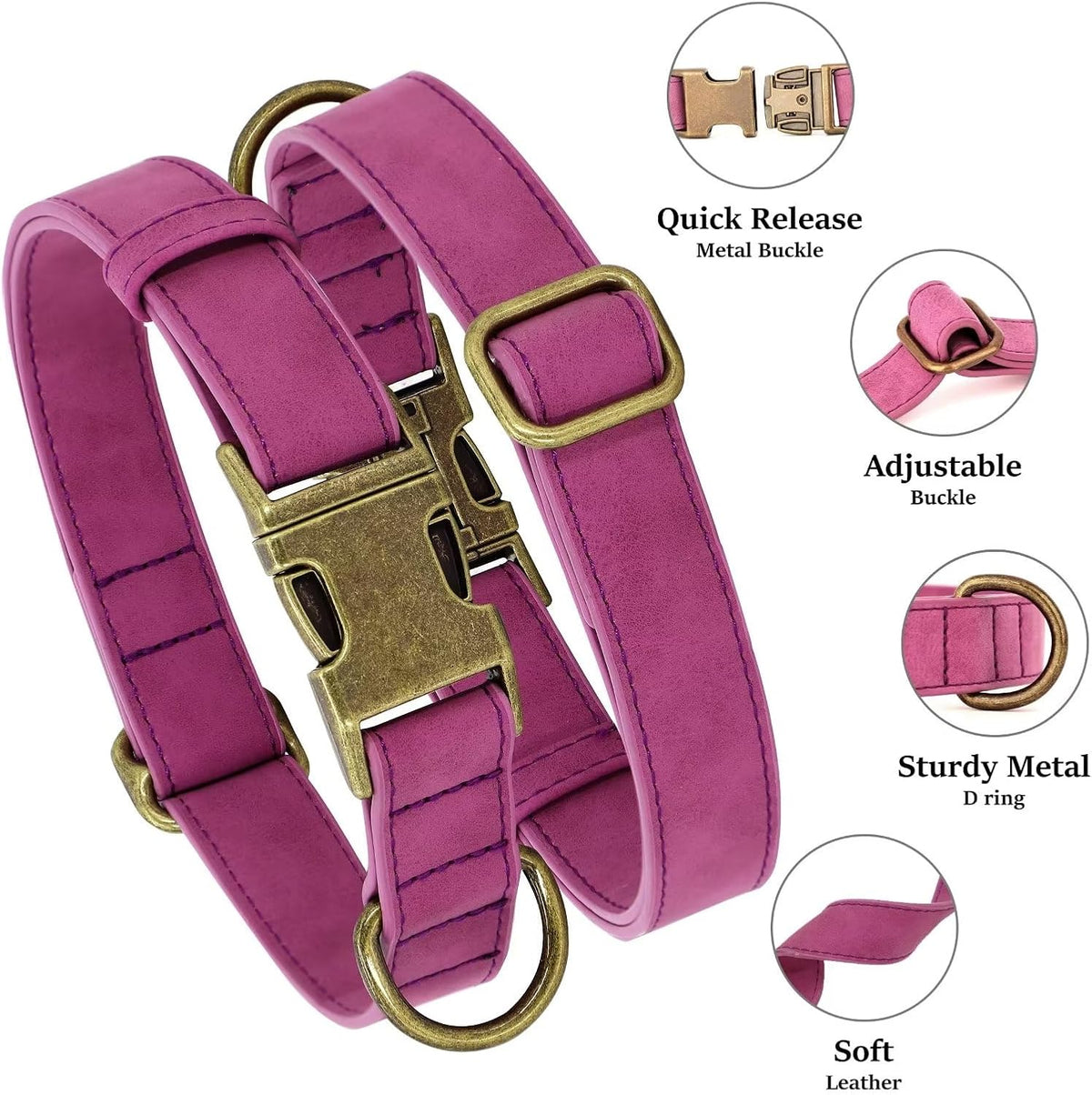 Didog Soft PU Leather Dog Collar, Stylish Quick Released Dog Collar for Large Dogs, Easy Clean Adjustable Pet Collar for Daily Walking, Purple, L Fit 15-23" Neck
