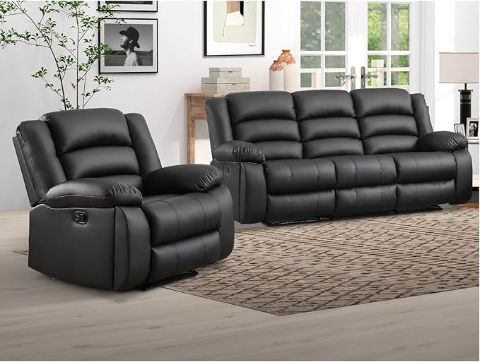 EBELLO Faux Leather Manual Recliner Sofa Set, 3 Seat Reclining Sofa, Couch Furniture Set for Living Room, Black