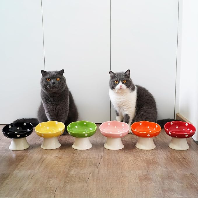 Ceramic Elevated Cat Bowls, Tilted Raised Pet Dish Anti Vomit Kitten Bowl for Indoor Cats, Whisker Friendly Pet Food and Water Bowl for Kitten, Cat, Puppies, Dishwasher Safe (Yellow) | Elevated, Ceramic, Whisker Friendly, Wide Opening, Anti Vomitin,Cut...