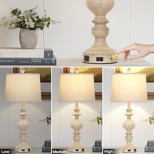 28" Farmhouse Table Lamps Set of 2, Rustic Lamp for Living Room with USB C+A Ports & AC Outlet, 3 Way Touch Control Resin Bedside Lamps, Retro Bedroom Lamp for Nightstand Side End Table Desk, Beige
