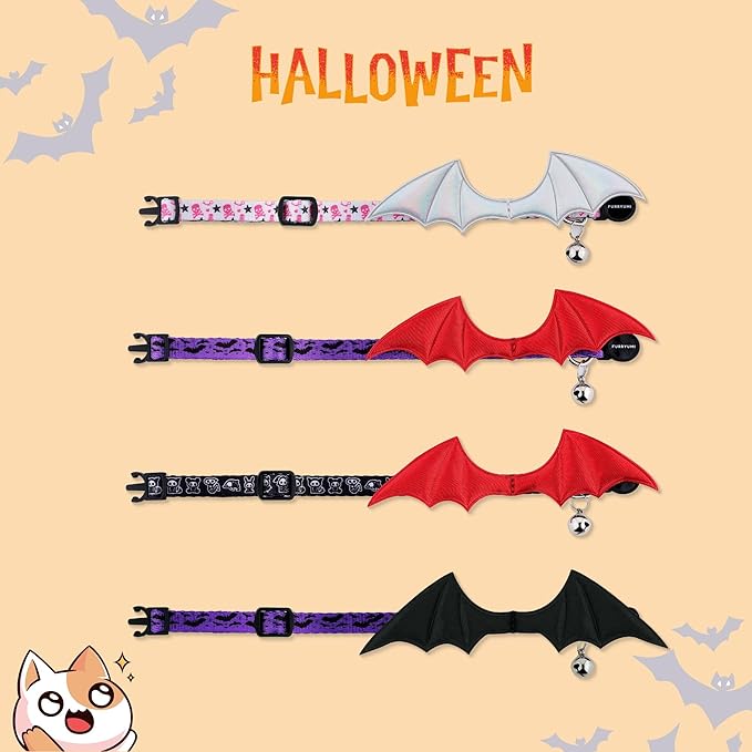 1 PC Bat Wing Cat Collar with Bell, Adjustable Kitten Collar with Safety Breakaway Buckle for Boy&Girl Cats, Halloween Christmas Cat Accessories for Kitten Puppy