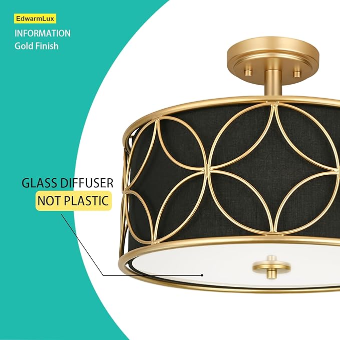 3-Light Semi Flush Mount Ceiling Light, 16" Drum Light with Fabric Shade, Modern Close to Ceiling Lamp for Living Room Bedroom Dining Room Kitchen Hallway Entry Foyer (Black Gold)