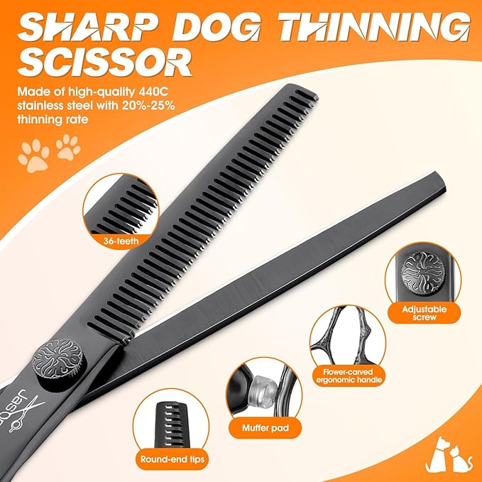 JASON Professional Dog Grooming Scissors Set - 6 in 1 Dog Shears Kit with 6.5" Thinning, 7" Straight, 7" Up-Curved, 7" Down-Curved Shears and Comb for Cat and Pet, Adjustable Screw (Black)