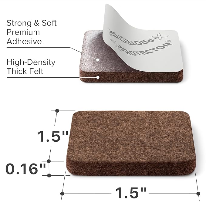 X-PROTECTOR Felt Furniture Pads - 32 PCS 1 1/2" Floor Protectors for Chair and Furniture Feet - Protect Your Hardwood Floors! (Brown, Square)
