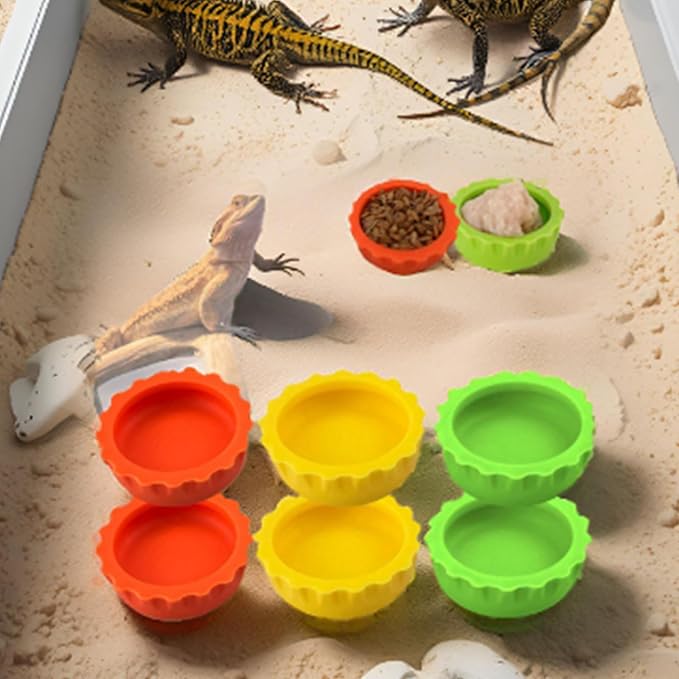 Meow&Woof Reusable Silicone Reptile Feeding Cups – Bearded Dragon Water Bowl & Crested Gecko Food Dish, Habitat Tank Starter Kit Accessories for Turtle, Snake, Hermit Crab- 6 Pcs