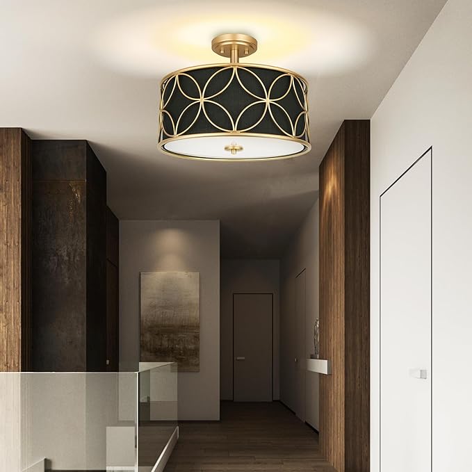 3-Light Semi Flush Mount Ceiling Light, 16" Drum Light with Fabric Shade, Modern Close to Ceiling Lamp for Living Room Bedroom Dining Room Kitchen Hallway Entry Foyer (Black Gold)