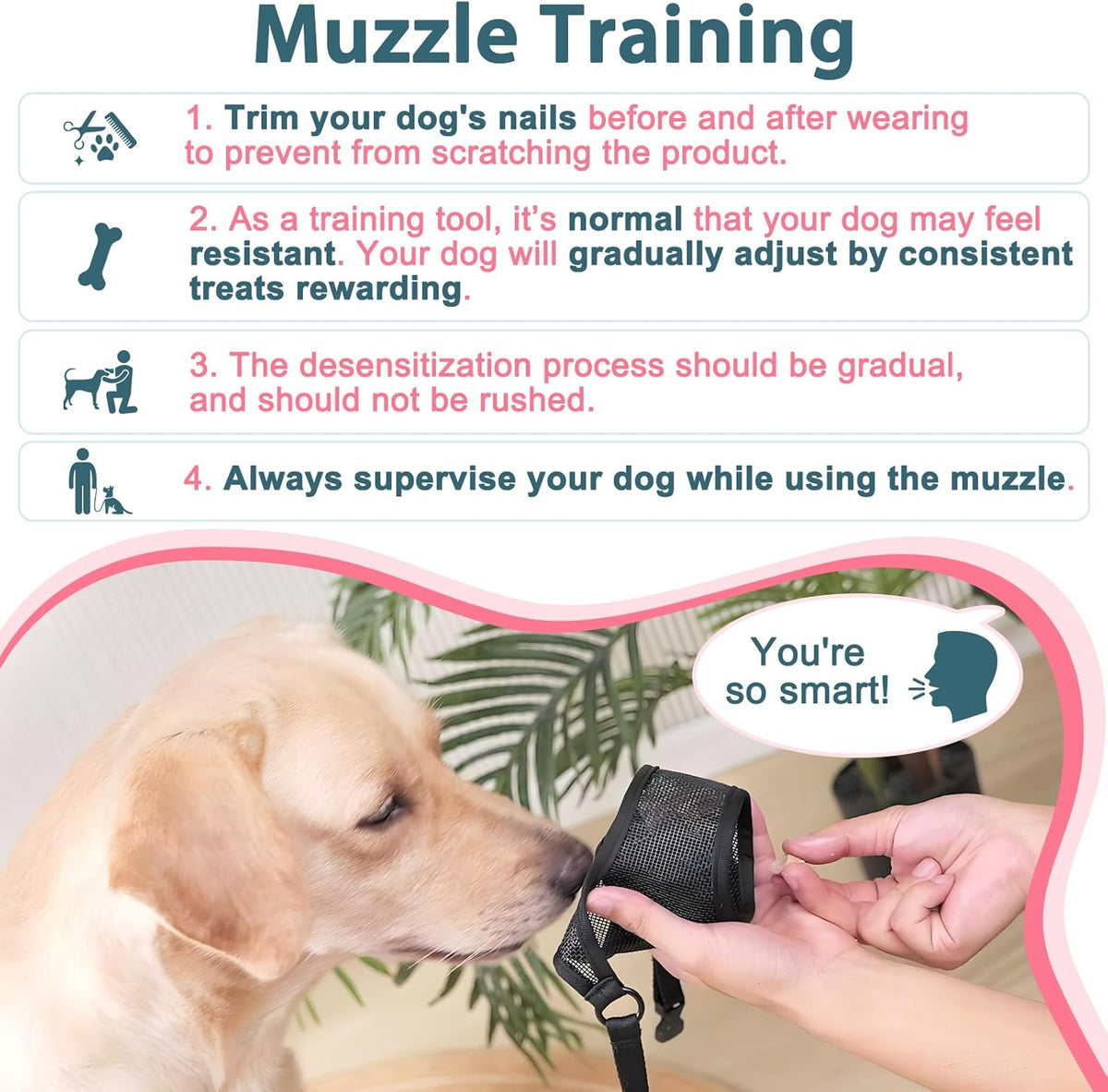 LUCKYPAW Dog Muzzle, Mesh Muzzle for Large Medium Small Dogs, Soft Mouth Guard for Biting Chewing, Breathable Mouth Guard with Adjustable Strap for Training(Hot Pink, XS(Snout:6.5"-7.5"))