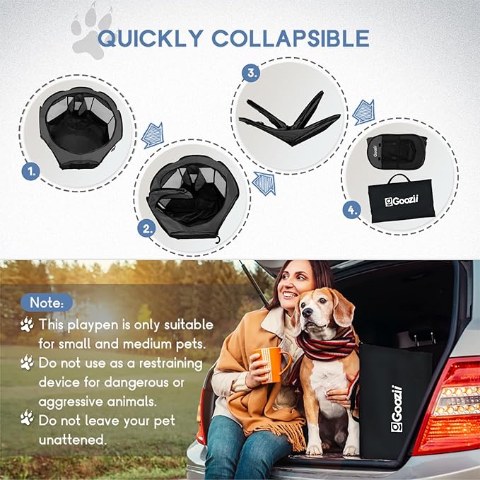 Goozii Portable Dog Playpen for Medium Dogs, Collapsible Pet Cat Kitten Puppy Playpen Indoors Outdoors with Zipper Top Cover (Medium Size, Grey-Black)