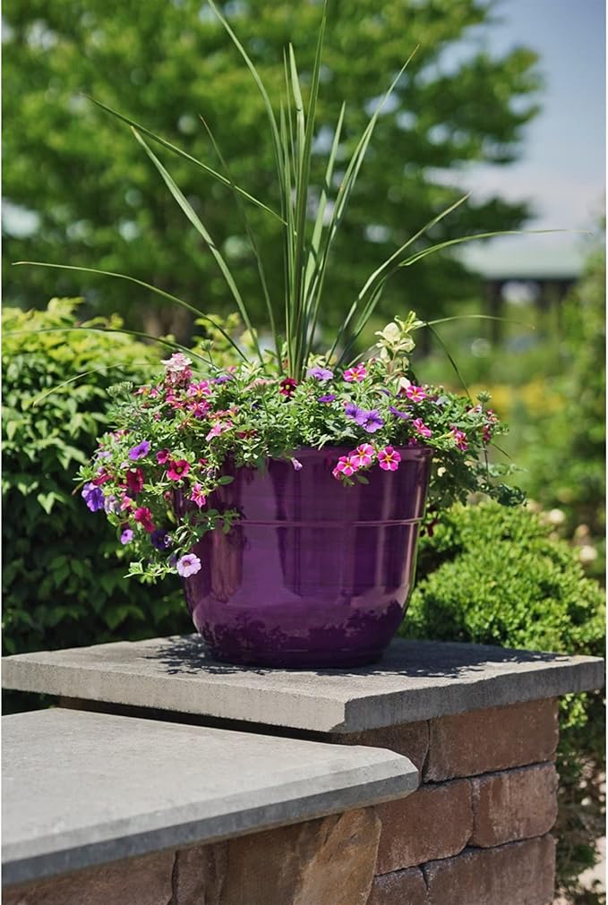 Garden Elements Indoor/Outdoor Glazed Brushed Happy Plastic Planter, Large, Dark Purple, 15" (Pack of 2)
