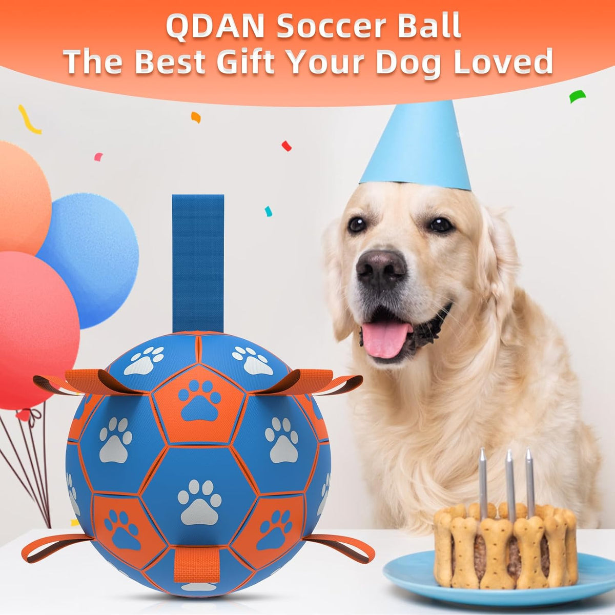 QDAN Dog Ropes Toys Soccer Ball with Straps, Puppy Birthday Gifts, Tug Toy, Durable Dog Balls for Medium & Large Dogs- Blue Orange(8 Inch)